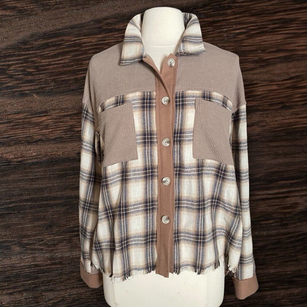 Hem & thread Colorblocked Plaid‎ Oversized Blouse Sz L Oversized Raw Shirt Hem